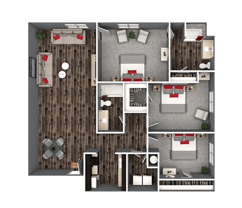 Floor plan for 3 beds, 2 baths, 1343 sqft